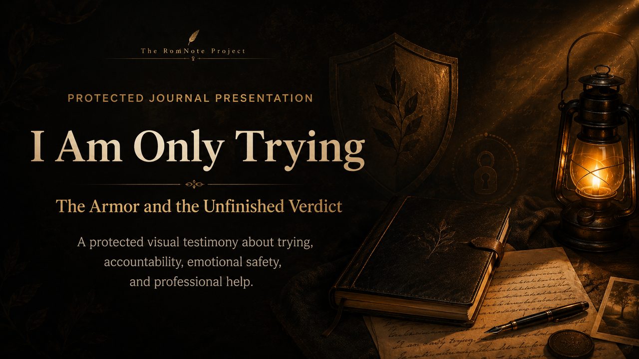 I Am Only Trying presentation poster showing a lantern, journal, shield motif, and warm protective lighting.